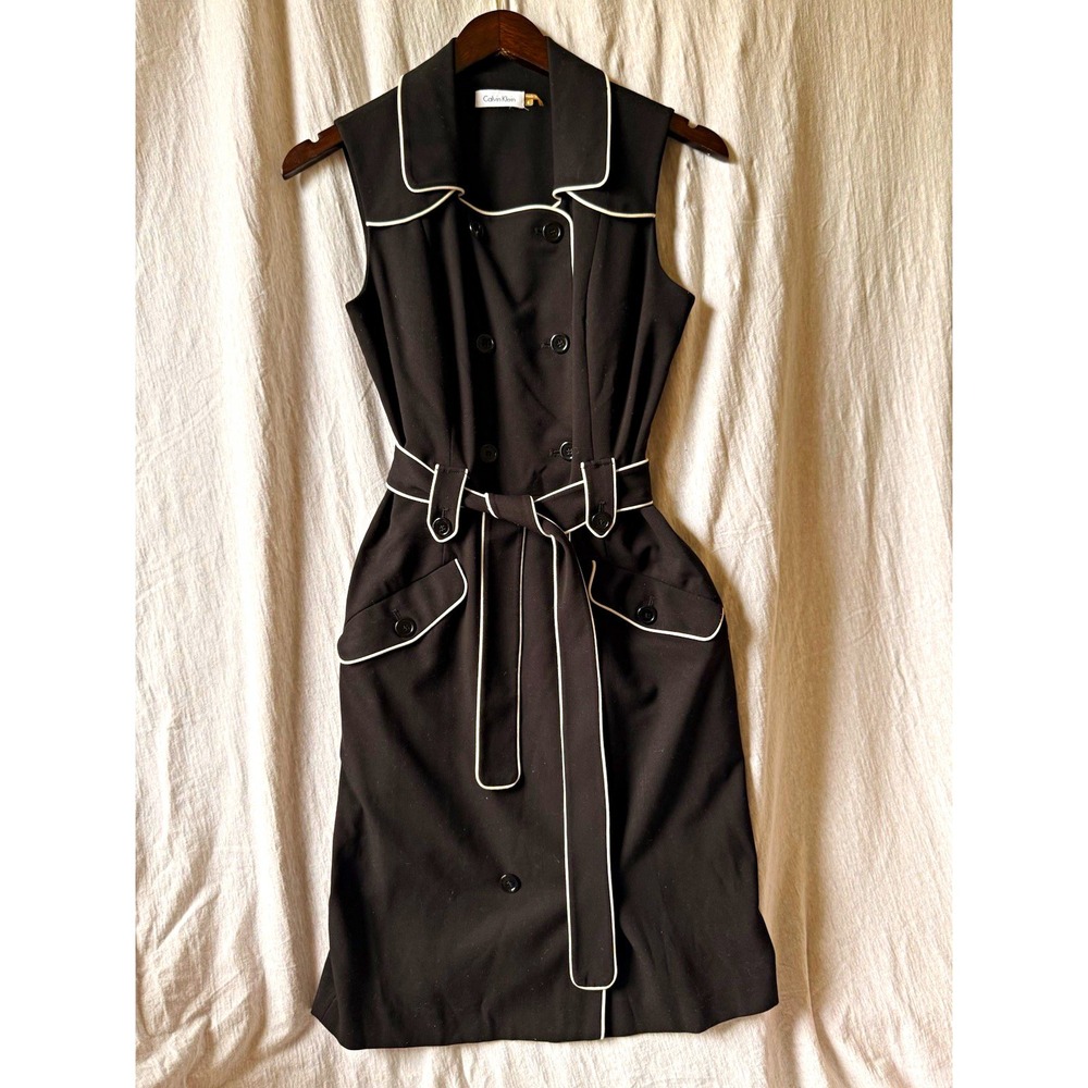 Calvin Klein Black White Solid Collared Sleeveless Button Belted A-Line 4